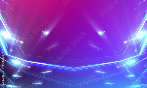 Ultraviolet abstract light. Light tunnel and laser lines. Violet and pink gradient. Modern background, neon light. Empty stage, spotlights, neon. Abstract light.