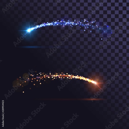 Blue and orange flash, shooting star, glow trail, meteorite