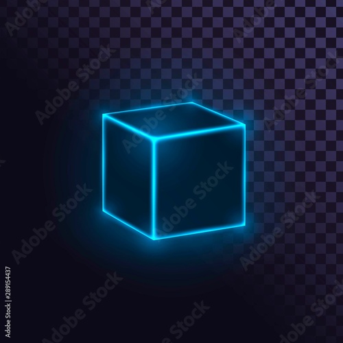 Glowing blue neon cube, futuristic box or block