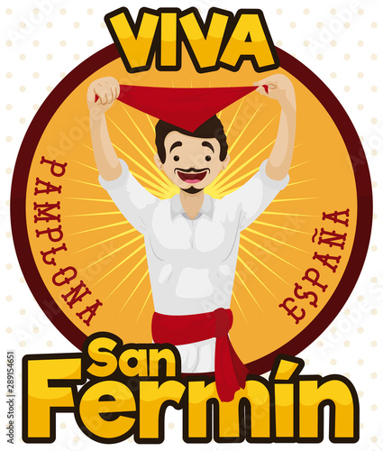 Bearded Spaniard Holding a Kerchief and Celebrating San Fermin Festival, Vector Illustration