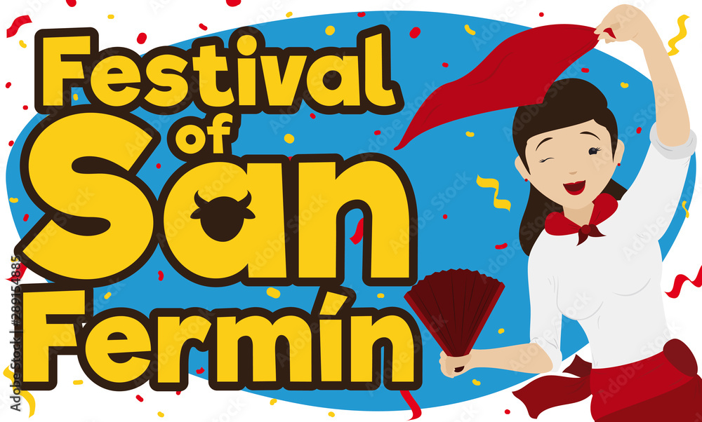 Happy Spaniard Lady Celebrating San Fermin Festival under Confetti Shower, Vector Illustration