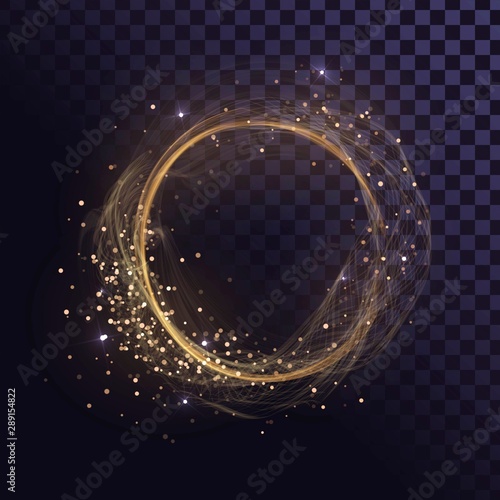 Wavy round gold frame, shining ring with sparks