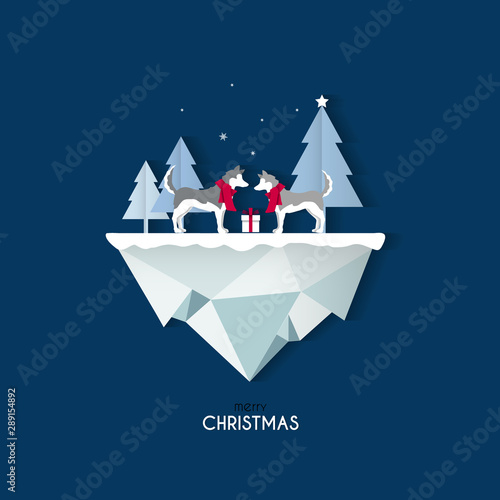 Christmas greeting card in paper cut style. Siberian husky set.