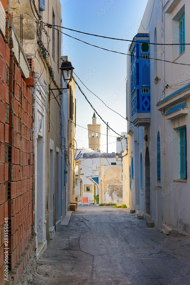 Street in the city of Mahdia overlooking the minaret, Tunisia Street in the city of Mahdia overlooking the minaret, Tunisia