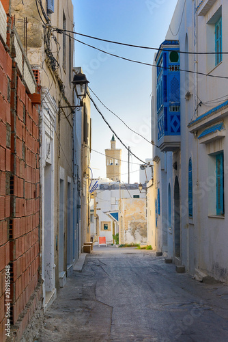 Street in the city of Mahdia overlooking the minaret  Tunisia