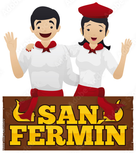Happy Couple Celebrating San Fermin Festival over a Sign, Vector Illustration