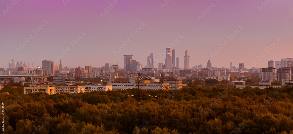 View from the east to Moscow at sunset, Russia panorama