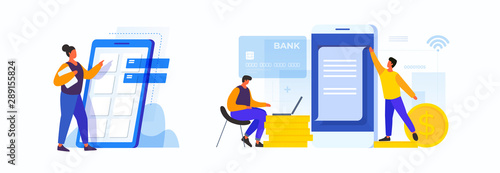 Concept of developing mobile applications. Woman in the process of building smartphone interface. Concept of electronic payments. Men make payment using mobile applications online. Digital bill.
