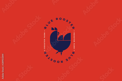 Dark silhouette of rooster on red background. Poultry logo template. Image can be used for packaging design, restaurant menus, market design, butcher shops and chicken farm. Vector illustration.