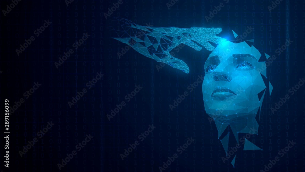 Digital holographic hand touches a face, virtual person, technology, artificial intelligence