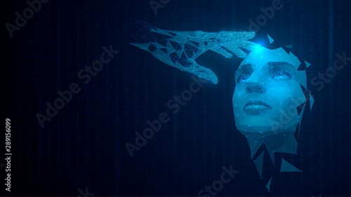 Digital holographic hand touches a face, virtual person, technology, artificial intelligence