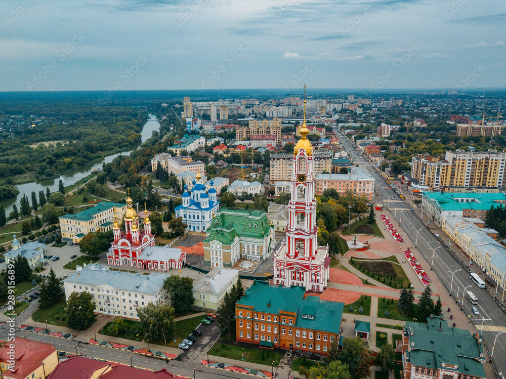 Aerial view of city of Tambov and Kazan icon of Our Lady Monastery