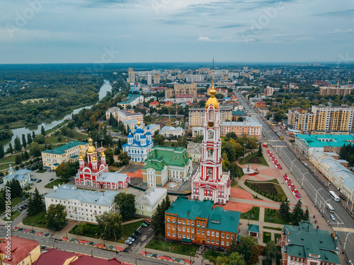 Aerial view of city of Tambov and Kazan icon of Our Lady Monastery