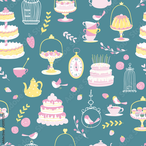 Birthday party kids. Tea seamless pattern. Different cakes and gifts. Vector illustration in simple cartoon hand-drawn Scandinavian style. Vintage pastel colors.for printing to fabrics, paper