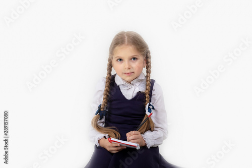 Bild auf Leinwand Schoolgirl write in notebook on yellow background