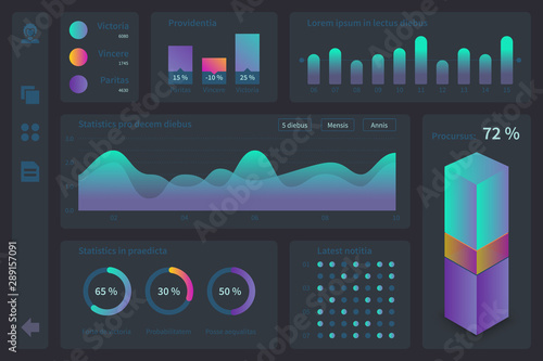 Dashboard panel with infographic elements, charts, diagrams, processes. Vector dashboard for interface and ux design.