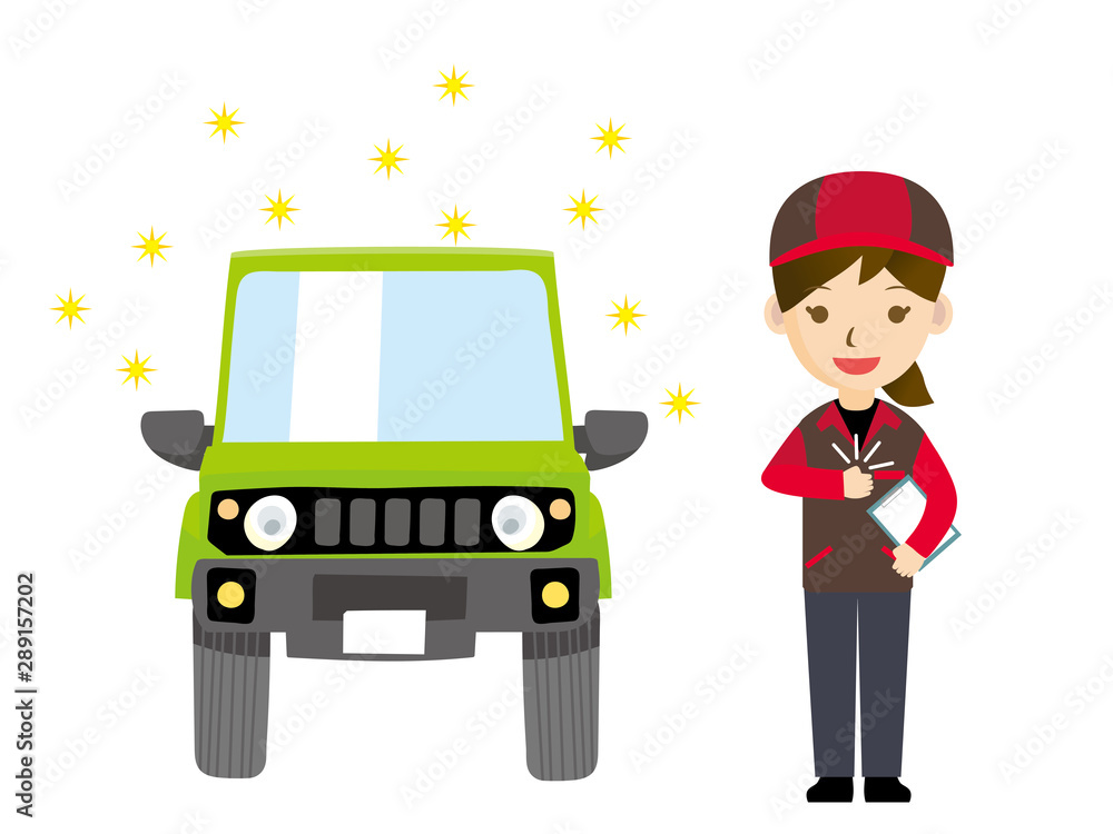 車と整備士のイラスト 女性 作業服 点検 整備 洗車のイメージ Suv 軽自動車 Stock Vector Adobe Stock