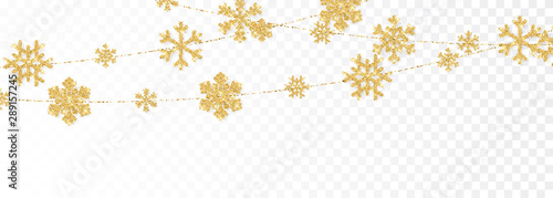 Christmas or New Year golden decoration on transparent background. Hanging glitter snowflake. Vector illustration
