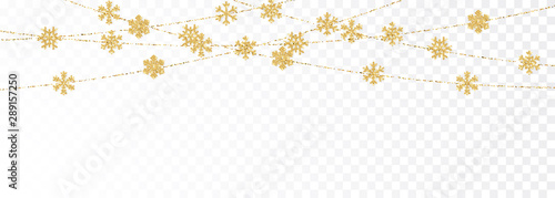 Christmas or New Year golden decoration on transparent background. Hanging glitter snowflake. Vector illustration