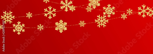 Christmas or New Year golden snowflake decoration garland on red background. Hanging glitter snowflake. Vector illustration
