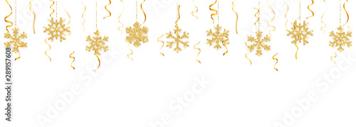 Christmas or New Year golden snowflake decoration garland on white background. Hanging glitter snowflake. Vector illustration