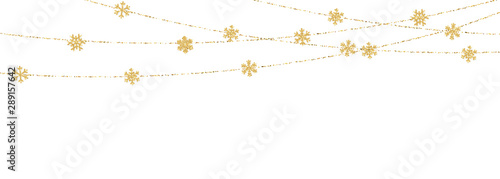 Christmas or New Year golden snowflake decoration garland on white background. Hanging glitter snowflake. Vector illustration