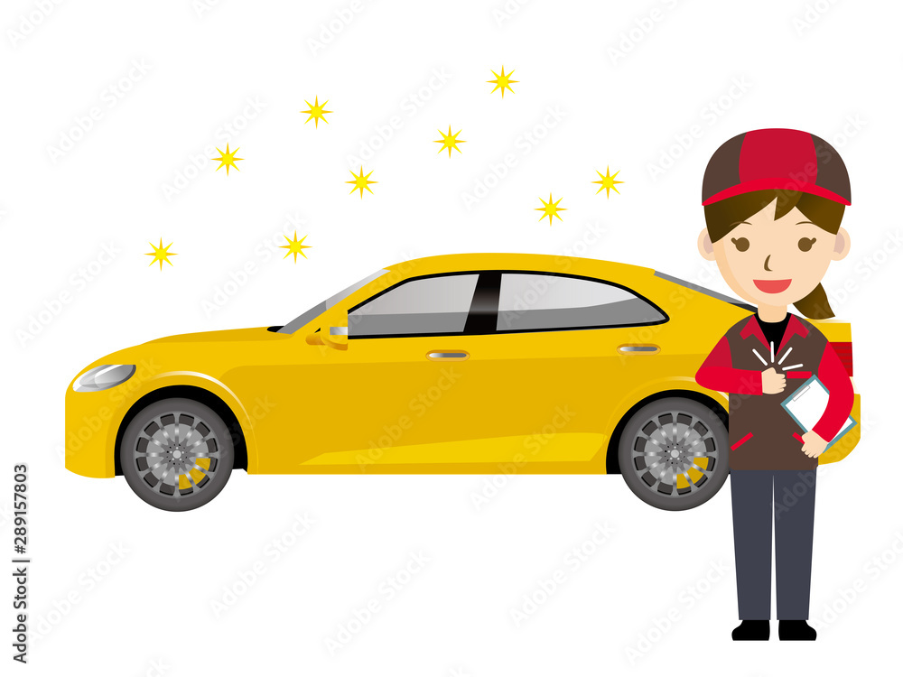 車と整備士のイラスト 女性 作業服 点検 整備 洗車のイメージ 高級セダン 自動車 Stock Vector Adobe Stock