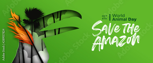 World Animal day amazon fire paper cut toucan bird