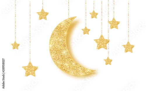 Ramadan Kareem background with gold handing shiny glitter glowing moon with stars on white background. Vector illustration photo