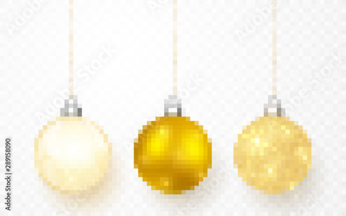 Gold shiny glitter glowing and transparent Christmas balls. Xmas glass ball on transparent background. Holiday decoration template. Vector illustration