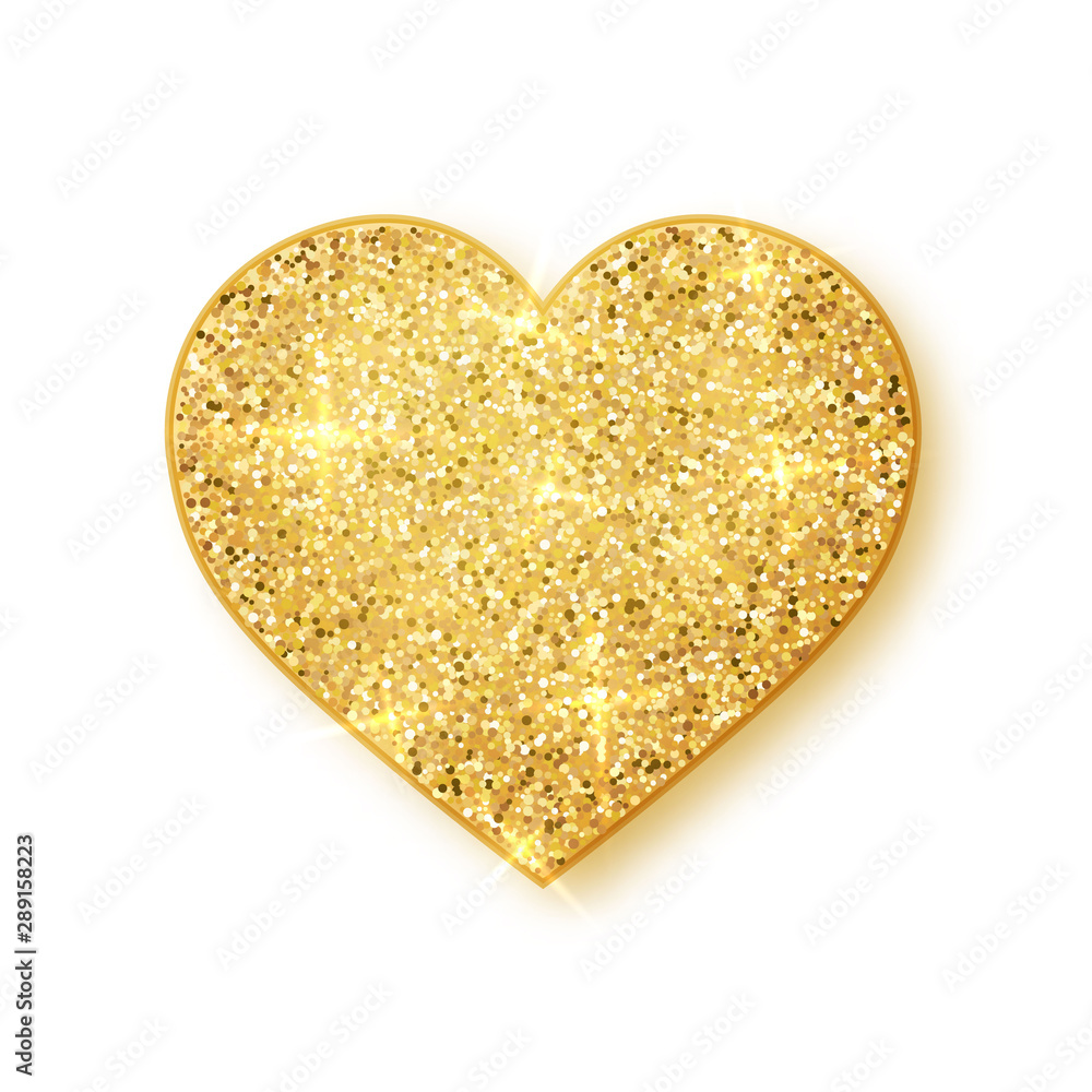 Gold shiny glitter glowing heart with shadow isolated on white background. Vector illustration Gold shiny glitter glowing heart with shadow isolated on white background. Vector illustration