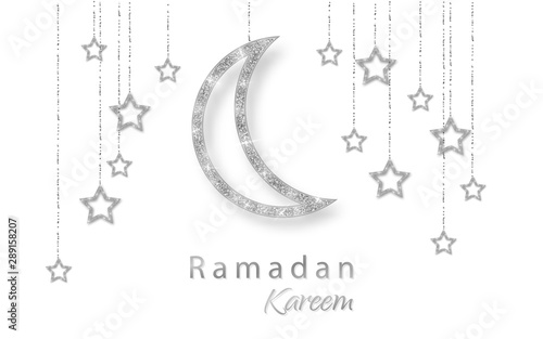 Ramadan Kareem background with silver handing shiny glitter glowing moon with stars on white background. Vector illustration
