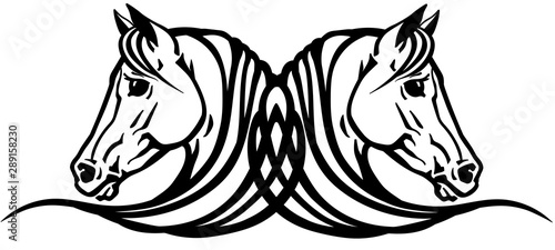 Two heads of Arabian horses in profile. Logo, icon, emblem, tattoo style black and white vector illustration