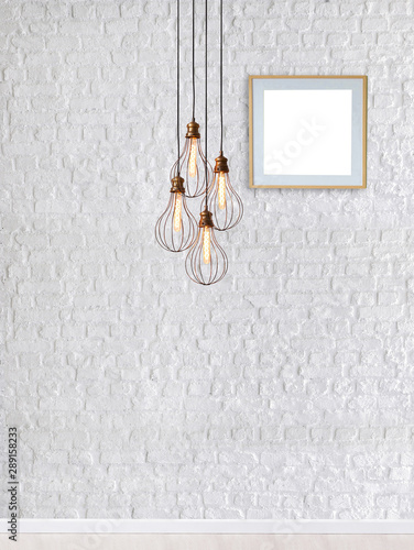 white brick wall modern lamp textured wood laminate flooring, empty space © Ds design studio