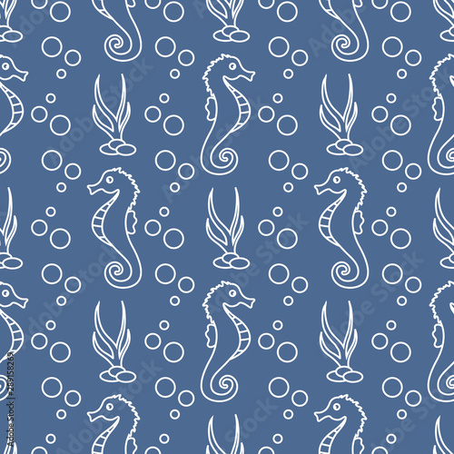 Vector seamless pattern with sea horses, plants