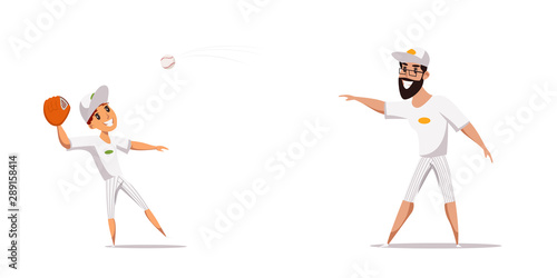 Man and boy throwing ball flat vector illustration