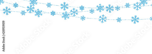 Christmas or New Year blue decoration on white background. Hanging glitter snowflake. Vector illustration