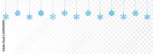 Christmas or New Year blue shiny glitter glowing snowflake decoration on transparent background. Hanging glitter snowflake. Vector illustration