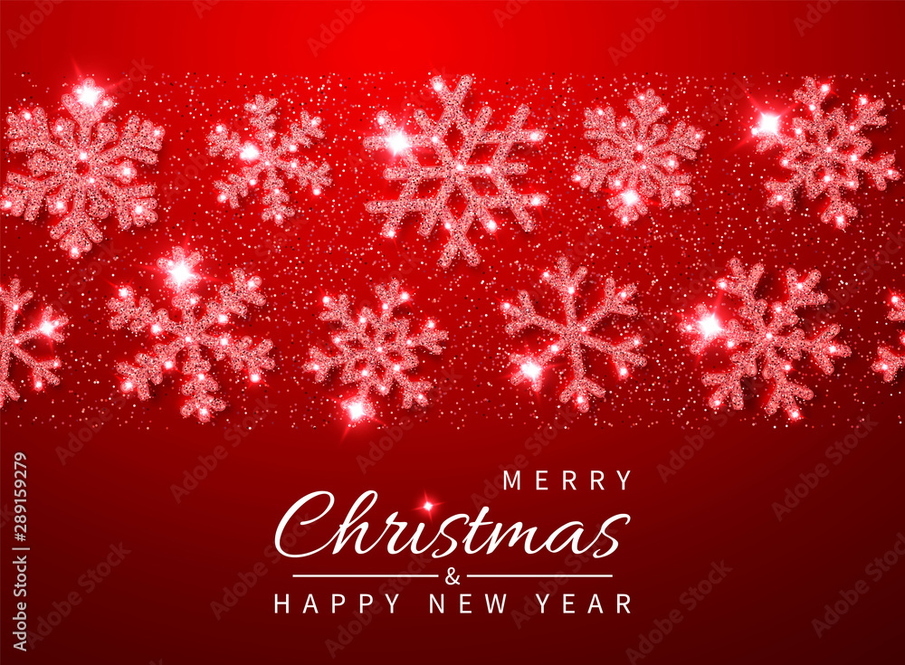 Christmas and New Year background with shining glitter glowing red snowflakes. Vector illustration Christmas and New Year background with shining glitter glowing red snowflakes. Vector illustration