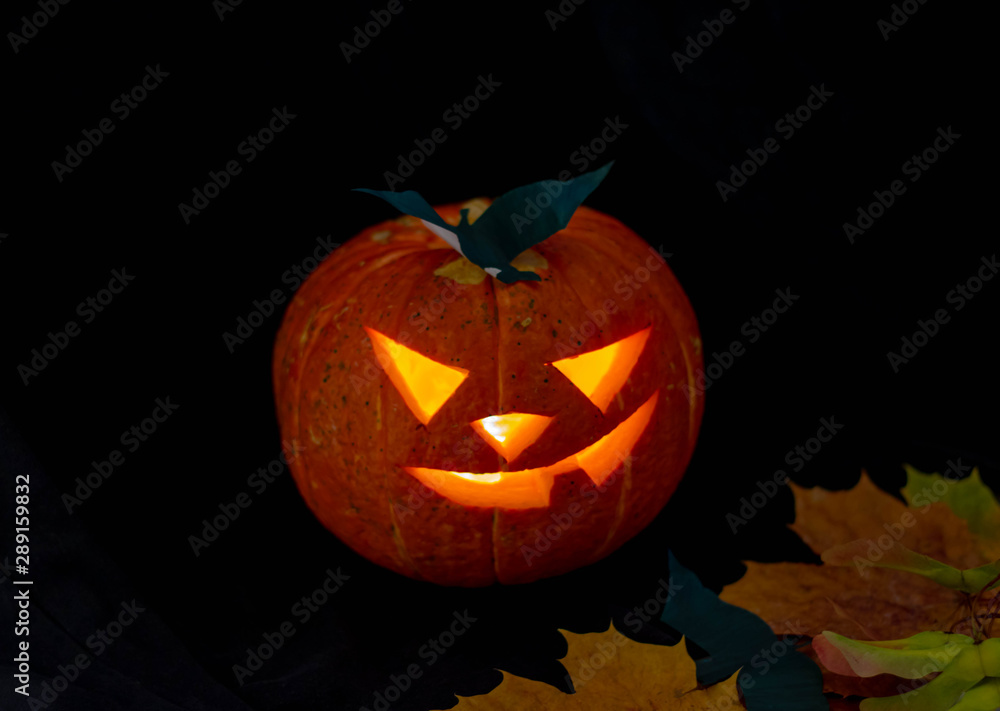 Fototapeta premium Halloween pumpkin lantern with dry leaves with black background