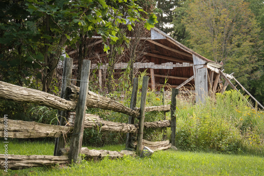 old wooden barn in the forest and cedar fence. Vieille grange de bois et clotûre de cèdre old wooden barn in the forest and cedar fence. Vieille grange de bois et clotûre de cèdre