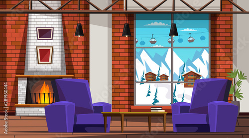 Ski resort hotel room interior vector illustration
