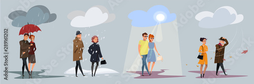 Four seasons weather flat vector illustrations set