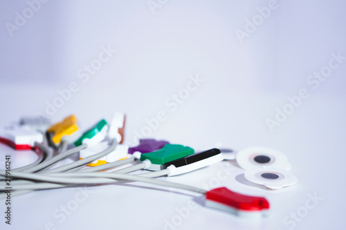 ECG holter lead wires cable, closeup electrodes of electrocardiograph