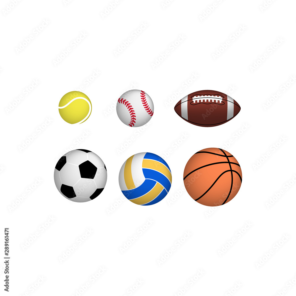 Sports ball realistic colorful vector set. Tennis, football, baseball, basketball ball set.