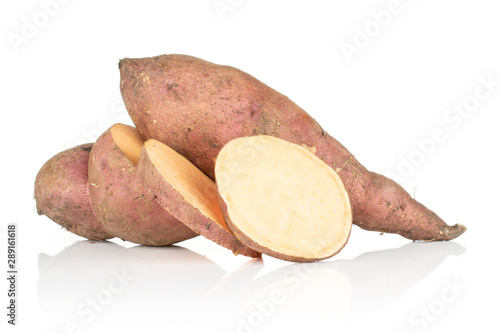 Group of one whole one half two slices of fresh brown sweet potato isolated on white background
