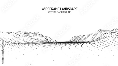 Vector retro futuristic background. Abstract digital landscape with particles dots and stars on horizon. Wireframe landscape background. Big Data Digital retro landscape Retro Sci-Fi Background.