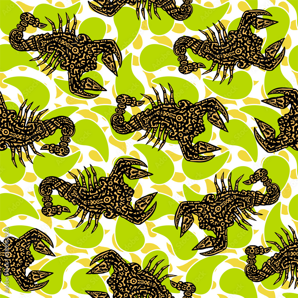 Seamless pattern with scorpions, made in the ethnic style. Tattoo, astrology, alchemy, boho and magic symbol. Original design in doodle style. Vector illustration.