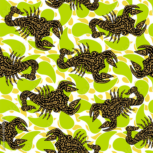 Seamless pattern with scorpions, made in the ethnic style. Tattoo, astrology, alchemy, boho and magic symbol. Original design in doodle style.