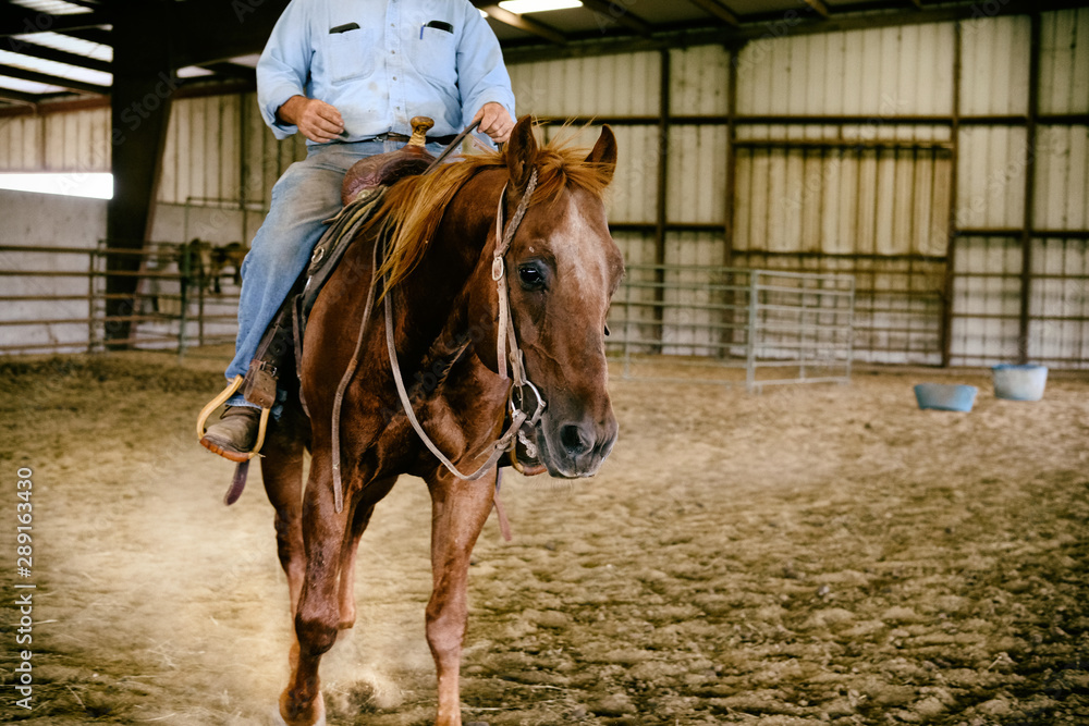 Western ranch horseback riding close up in arena. Western ranch horseback riding close up in arena.